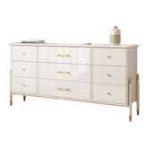 Beige storage cabinet featuring multiple drawers for organized home storage